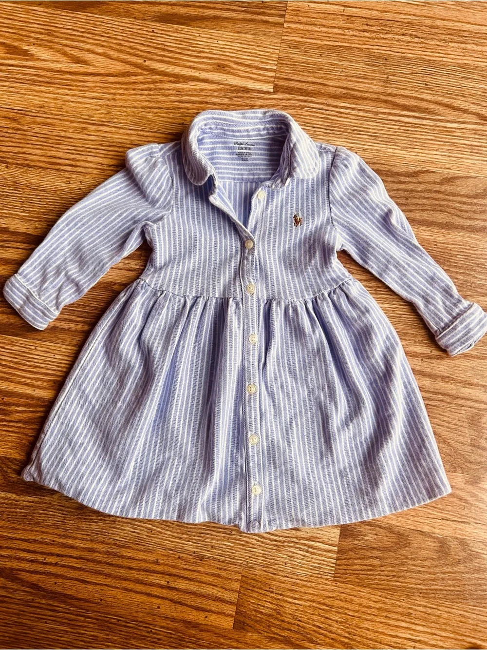 Baby Girls Ralph Lauren Lilac Purple and White Striped Cotton Shirt Dress 12 mos
